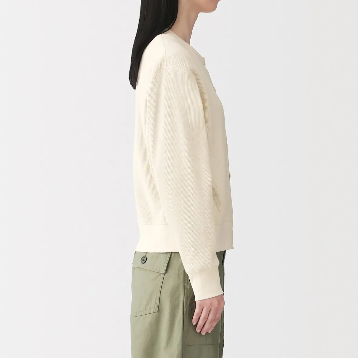 Clearance Muji Cárdigan de punto de algodón y tejido waffle con cuello redondo para mujer