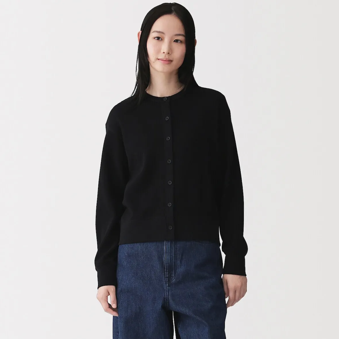 Clearance Muji Cárdigan de punto de algodón y tejido waffle con cuello redondo para mujer