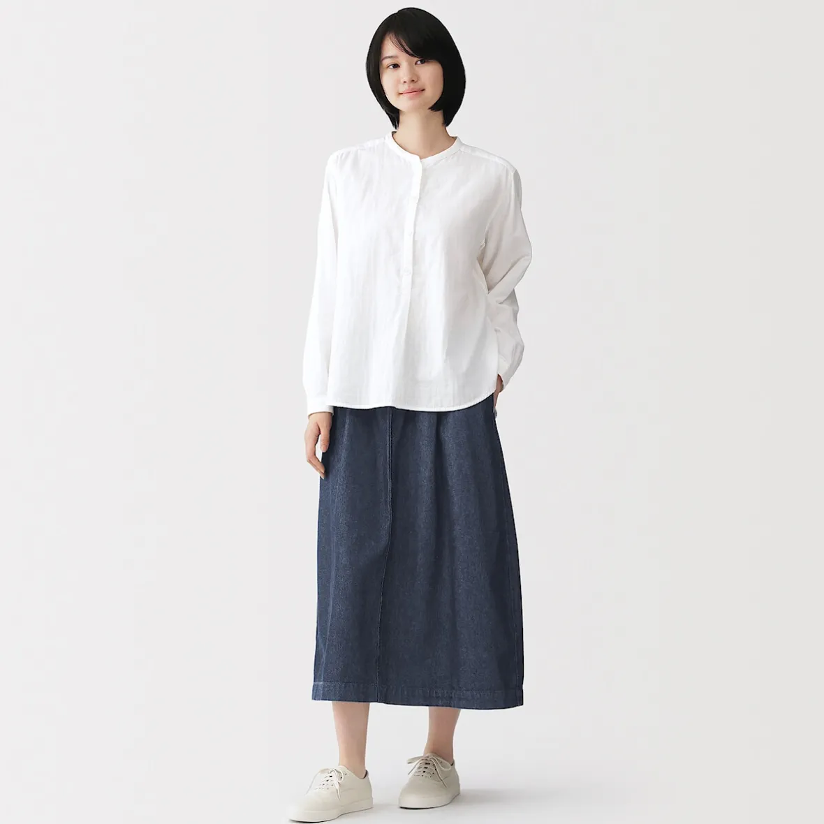 Discount Muji Falda cómoda de corte midi y tejido vaquero lavado para mujer Azul Marino Oscuro