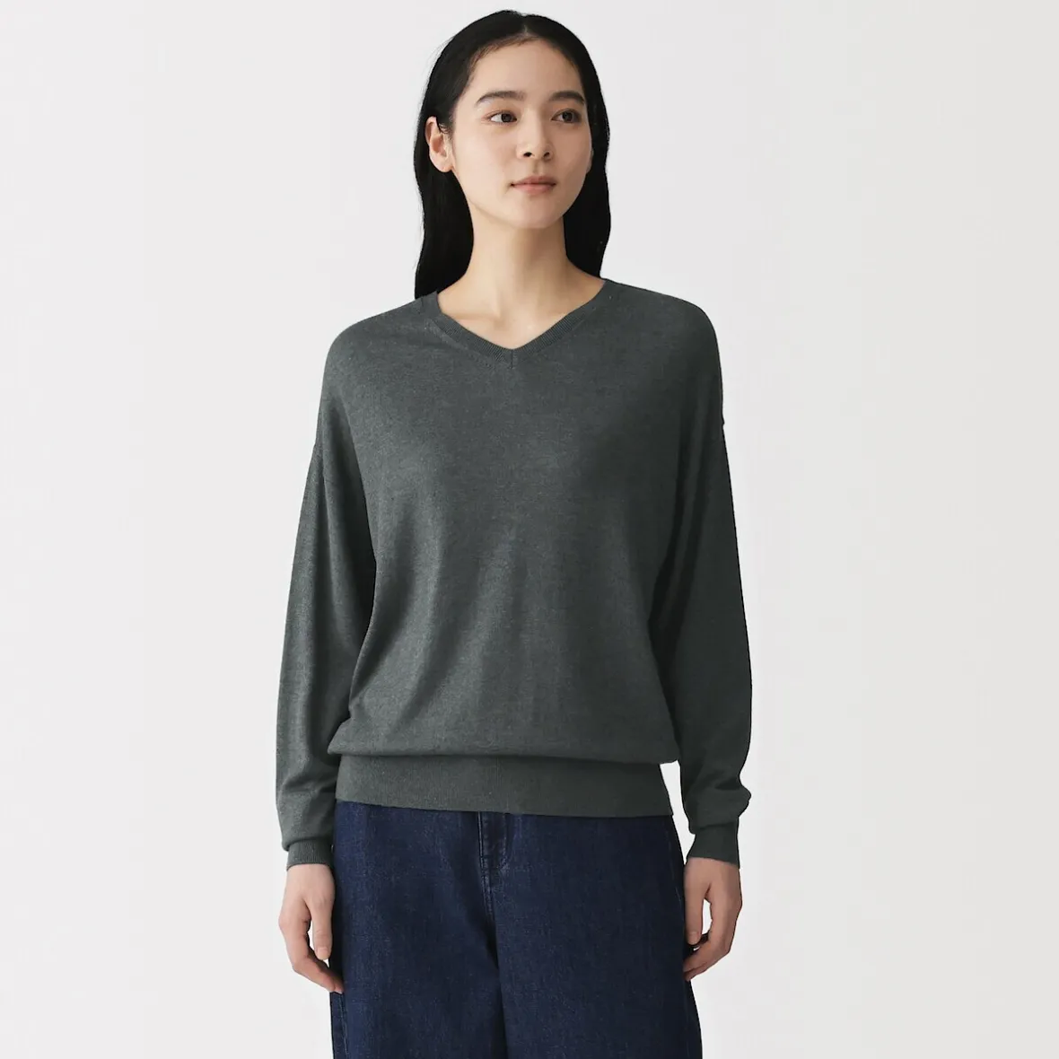 Muji Jersey con cuello en V en mezcla de fibra de soja para mujer