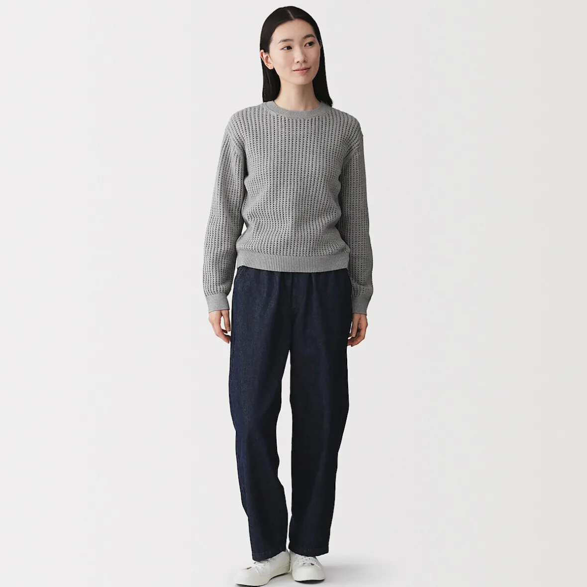 Online Muji Jersey de cuello redondo de malla de punto de mezcla de algodón para mujer