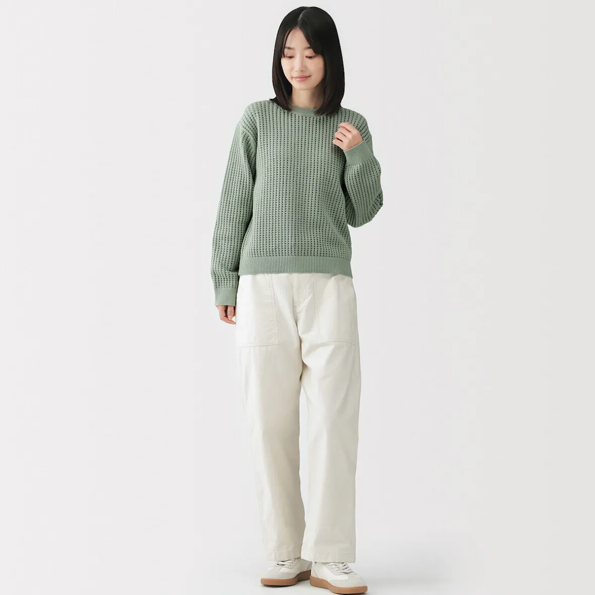 Online Muji Jersey de cuello redondo de malla de punto de mezcla de algodón para mujer