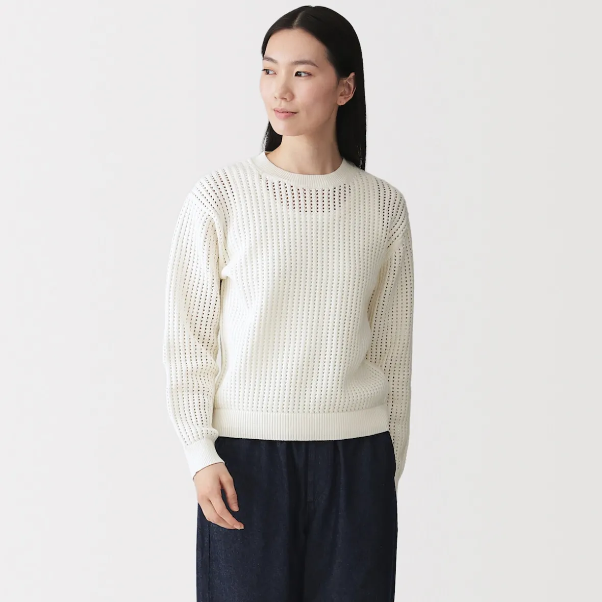 Online Muji Jersey de cuello redondo de malla de punto de mezcla de algodón para mujer