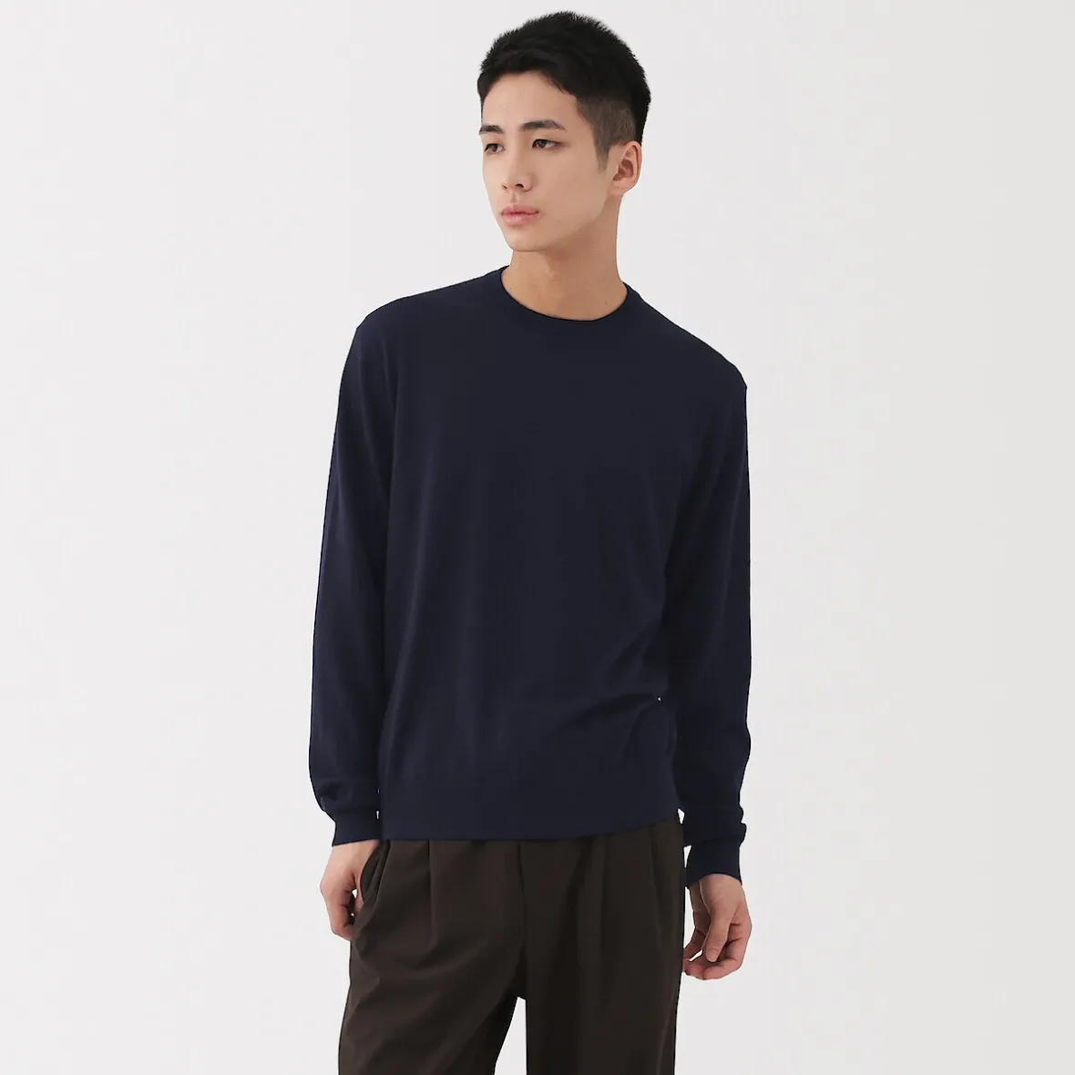 Hot Muji Jersey de lana de punto fino con cuello redondo para hombre