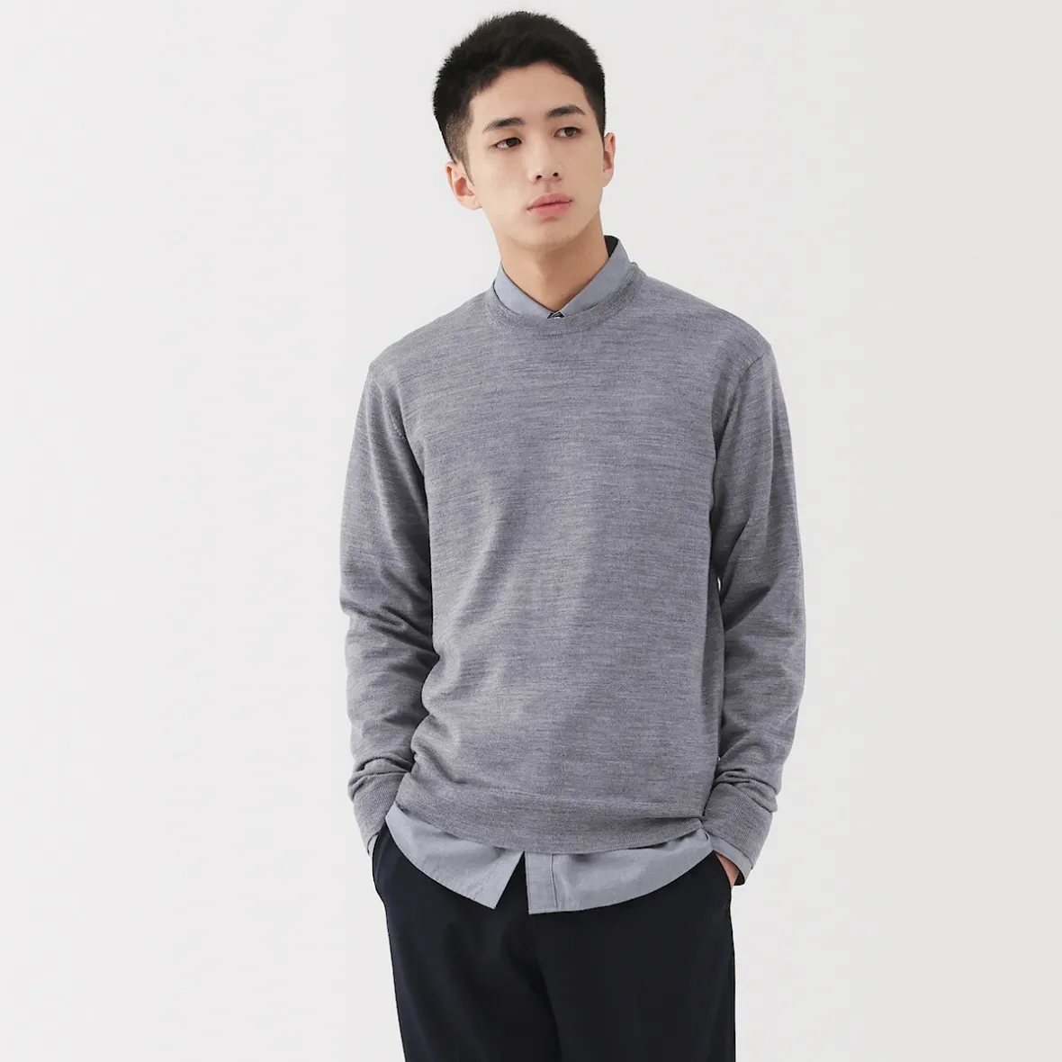 Sale Muji Jersey de lana de punto fino con cuello redondo para hombre