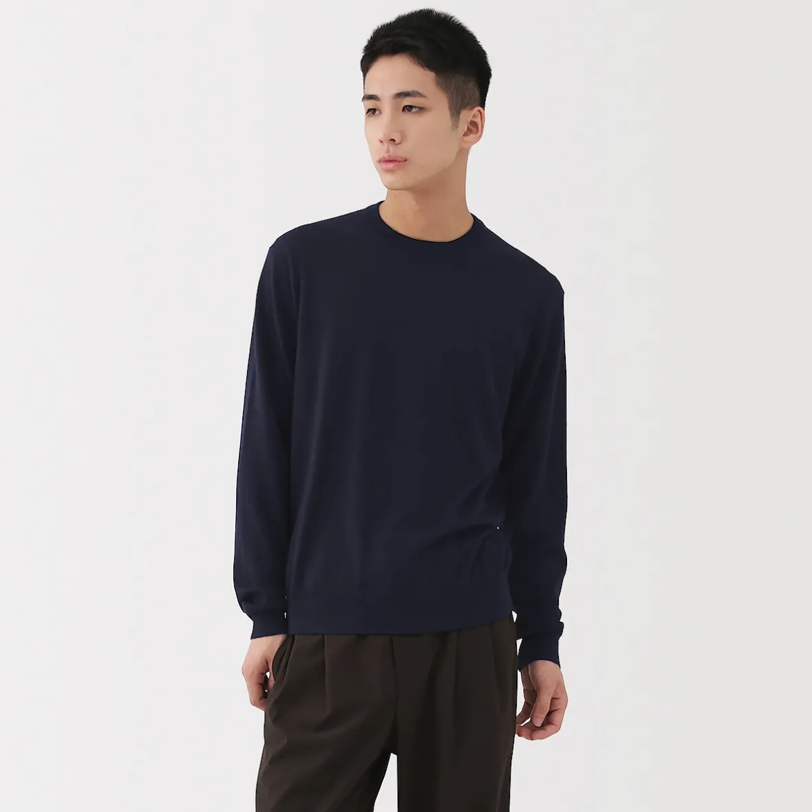 Sale Muji Jersey de lana de punto fino con cuello redondo para hombre