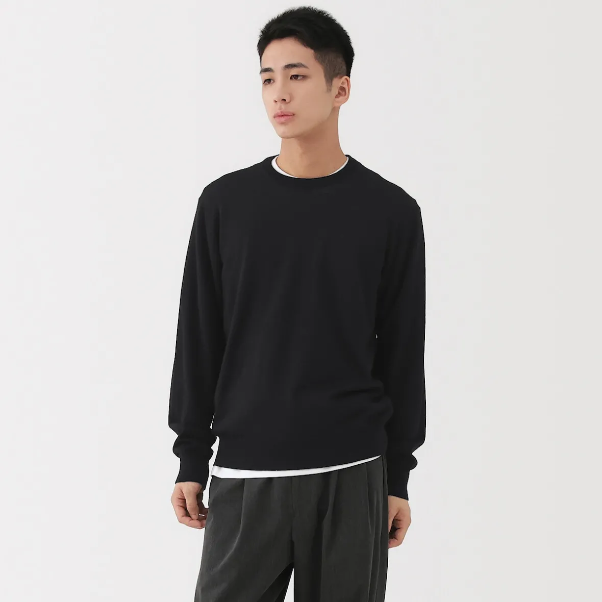 Sale Muji Jersey de lana de punto fino con cuello redondo para hombre