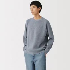 New Muji Jersey de punto con cuello redondo y tejido waffle en mezcla de algodón para hombre