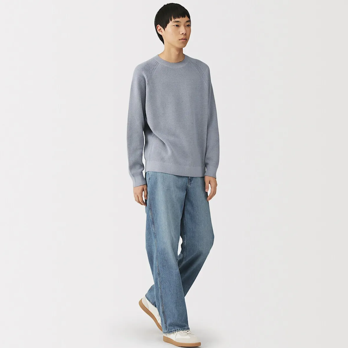 New Muji Jersey de punto con cuello redondo y tejido waffle en mezcla de algodón para hombre