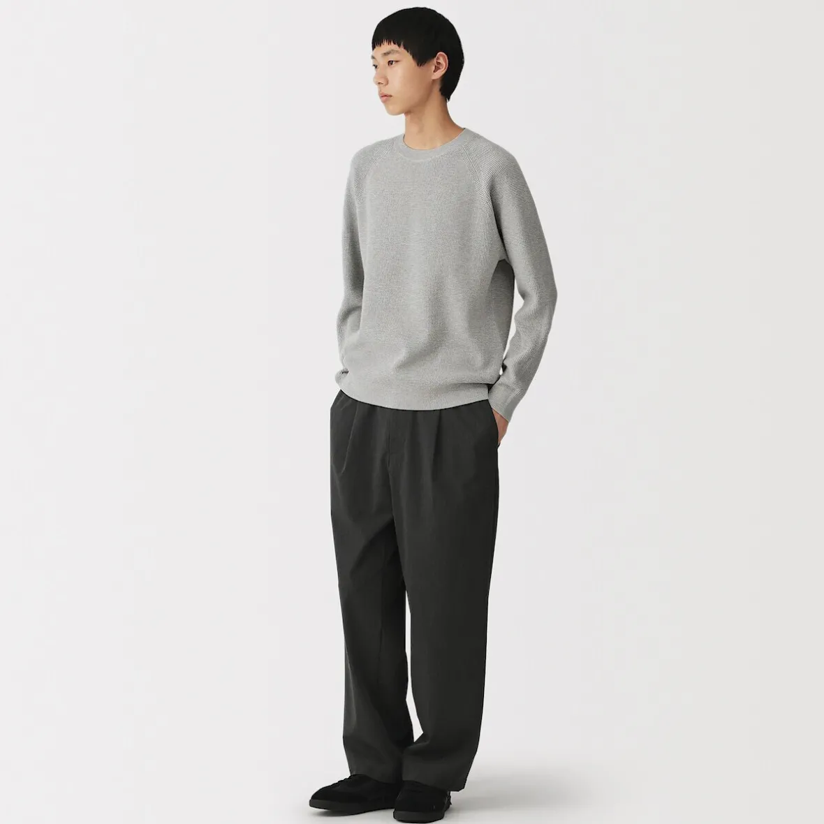 New Muji Jersey de punto con cuello redondo y tejido waffle en mezcla de algodón para hombre