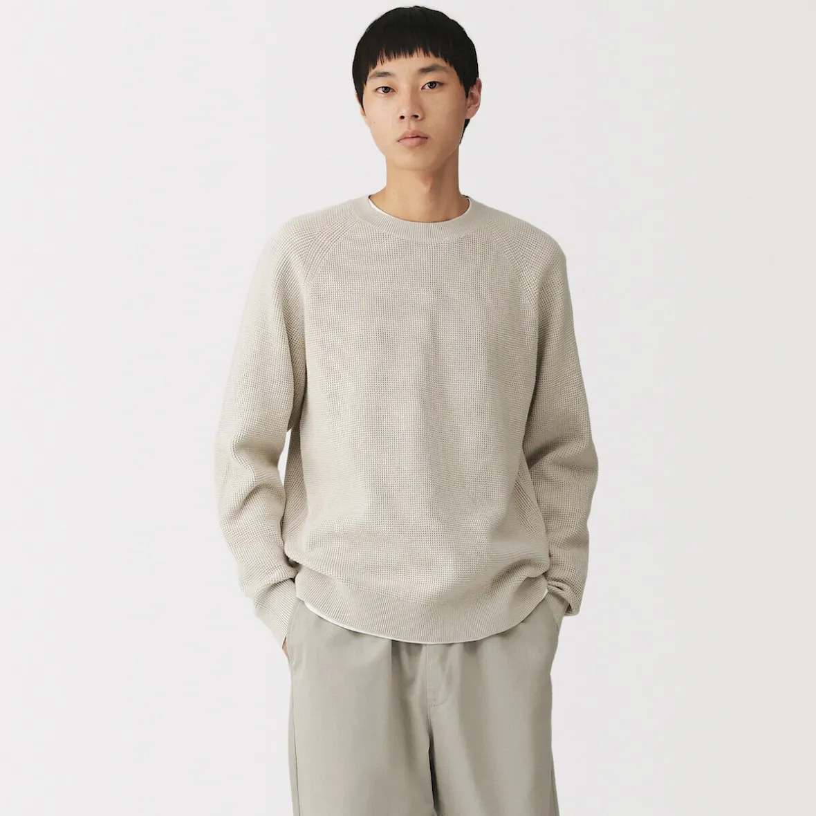 New Muji Jersey de punto con cuello redondo y tejido waffle en mezcla de algodón para hombre