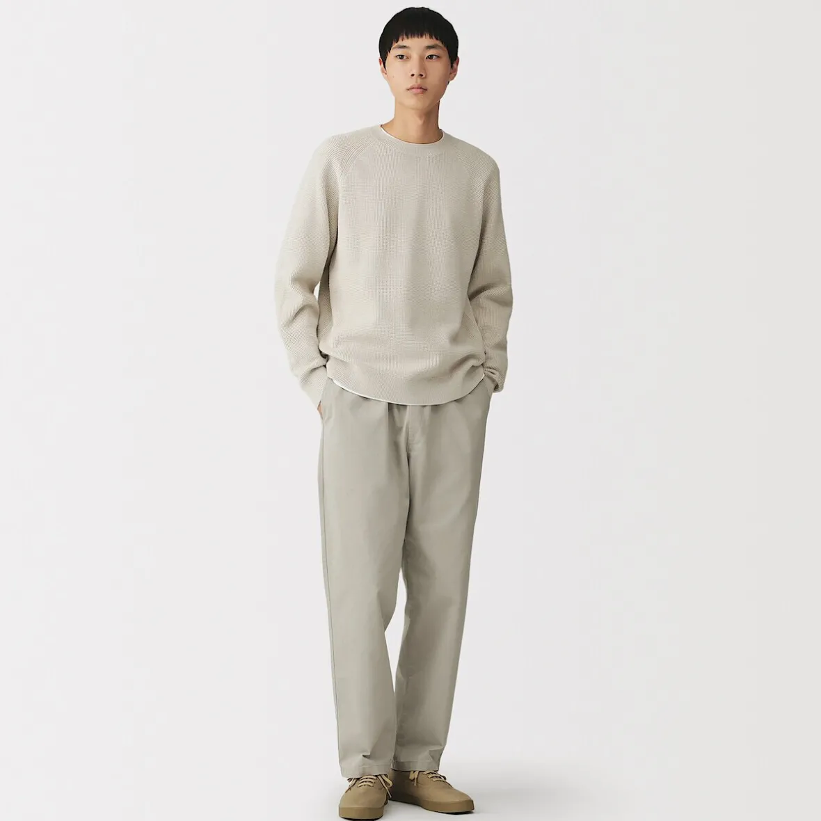 New Muji Jersey de punto con cuello redondo y tejido waffle en mezcla de algodón para hombre