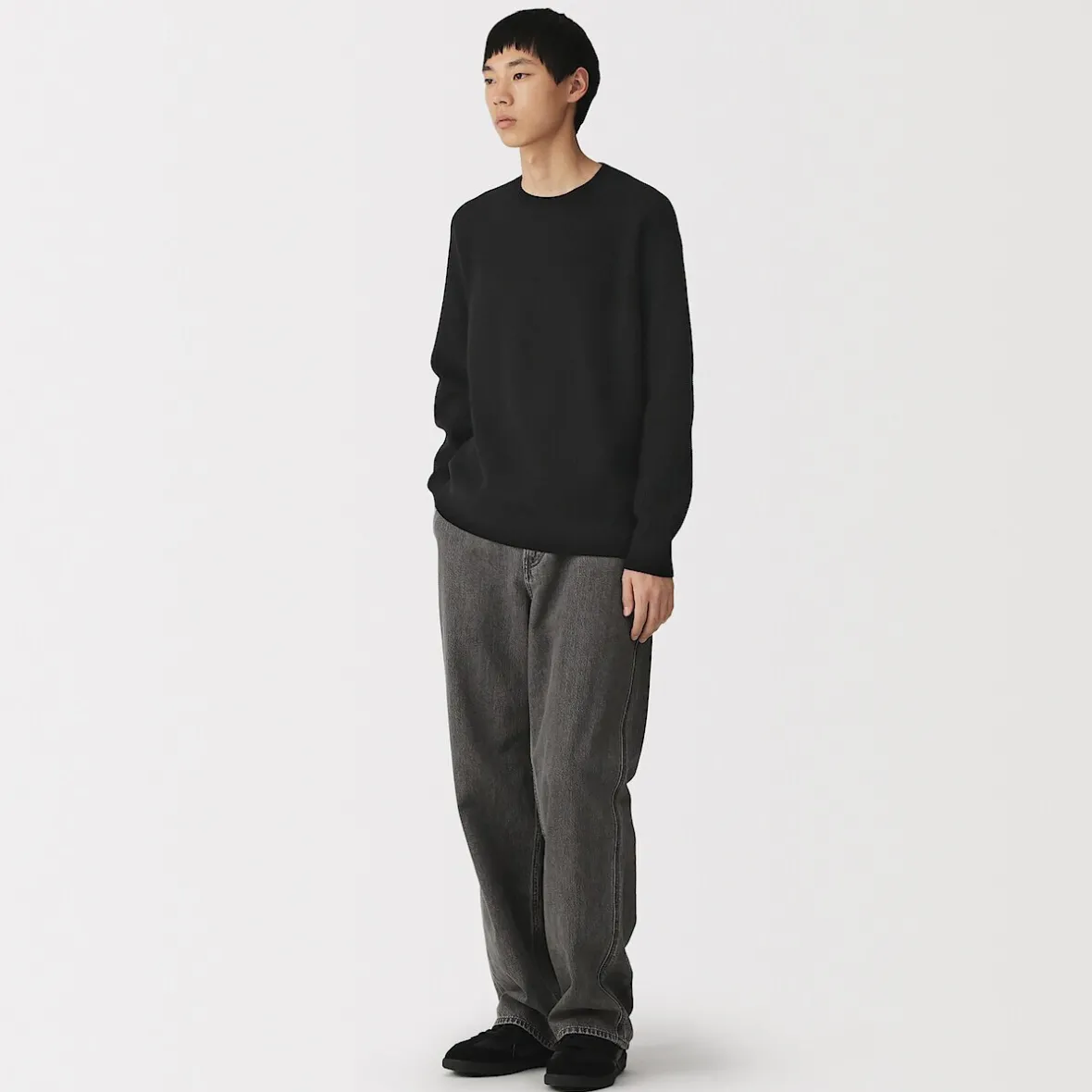 New Muji Jersey de punto con cuello redondo y tejido waffle en mezcla de algodón para hombre