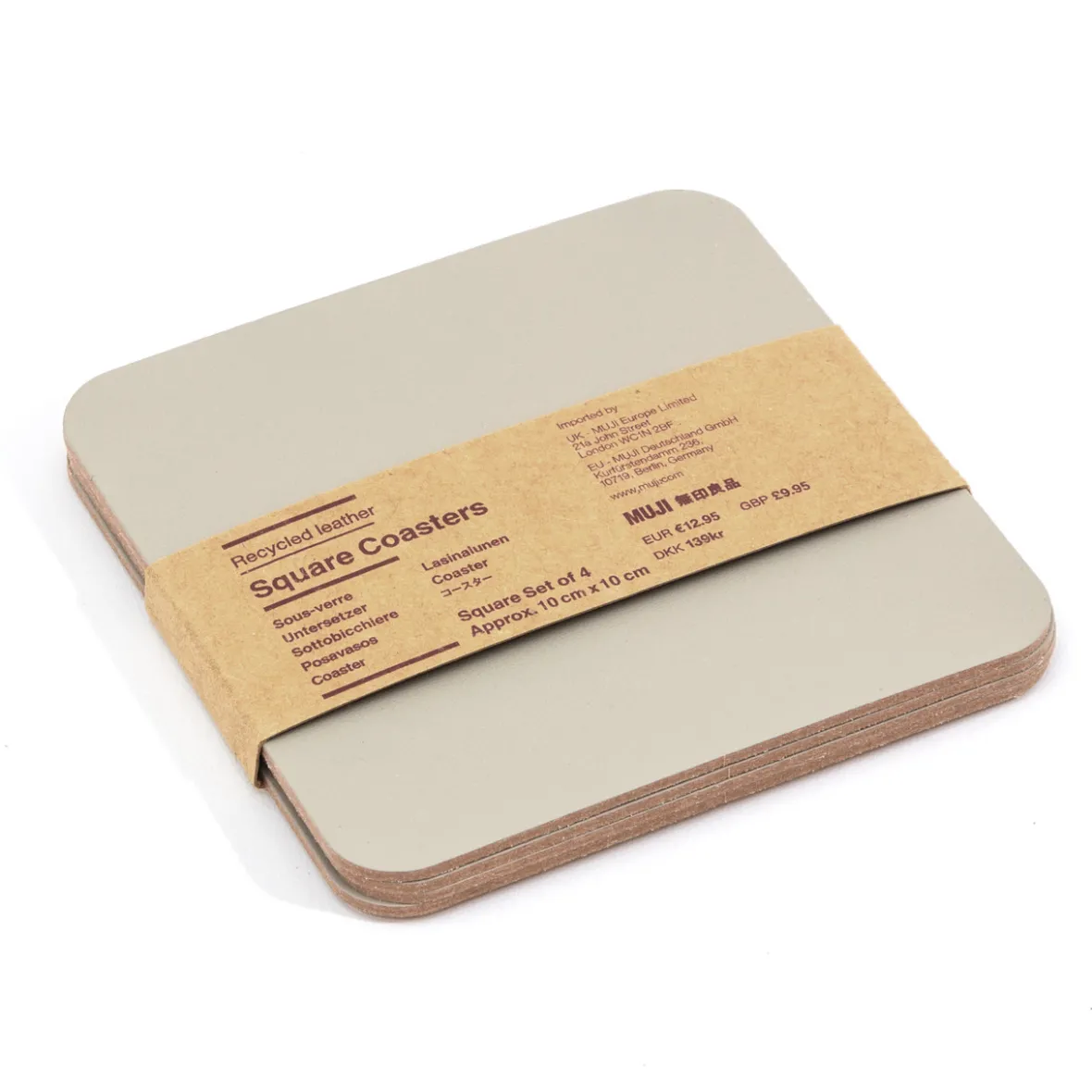 Hot Muji Juego de 4 posavasos rectangulares de cuero reciclado, Gris Ceniza