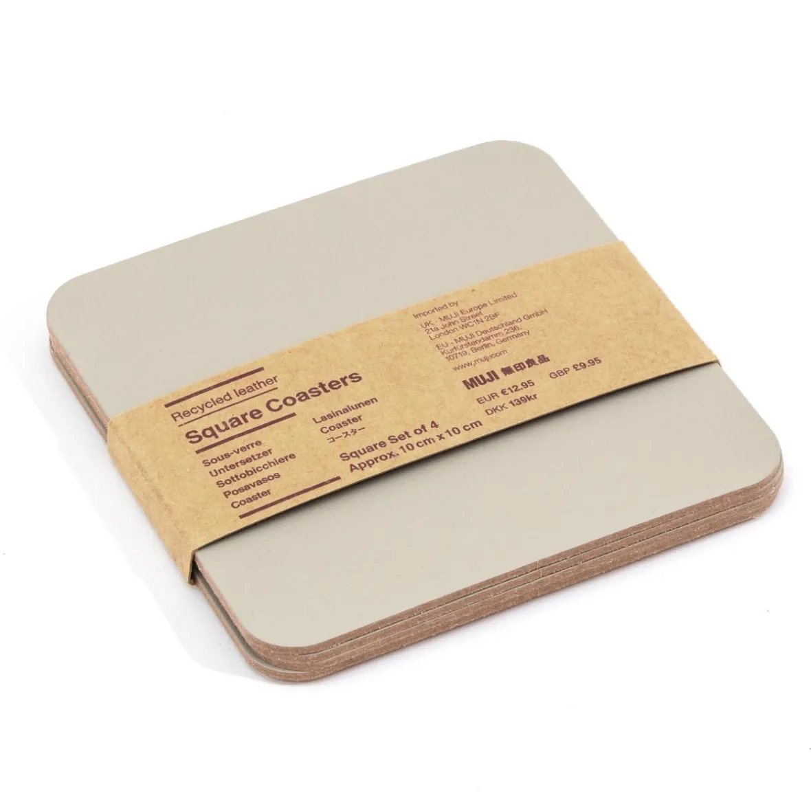 Hot Muji Juego de 4 posavasos rectangulares de cuero reciclado, Gris Ceniza