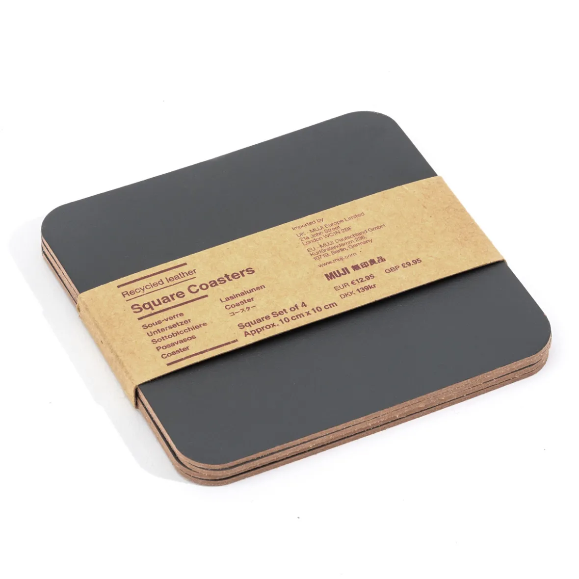 Hot Muji Juego de 4 posavasos rectangulares de cuero reciclado,Grafito