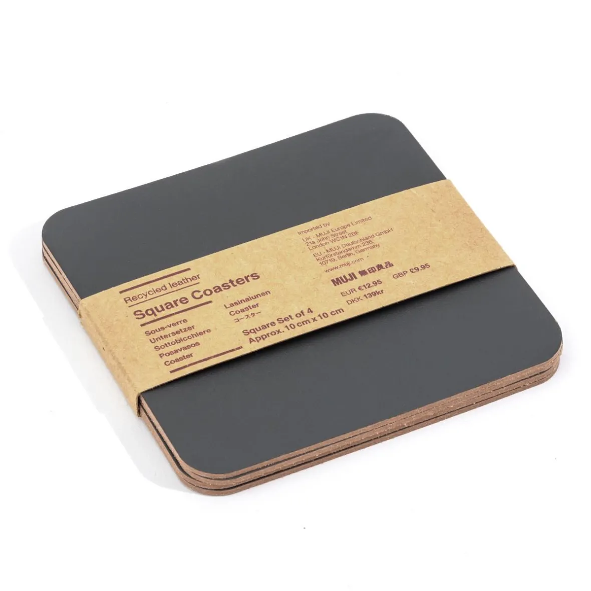 Hot Muji Juego de 4 posavasos rectangulares de cuero reciclado,Grafito