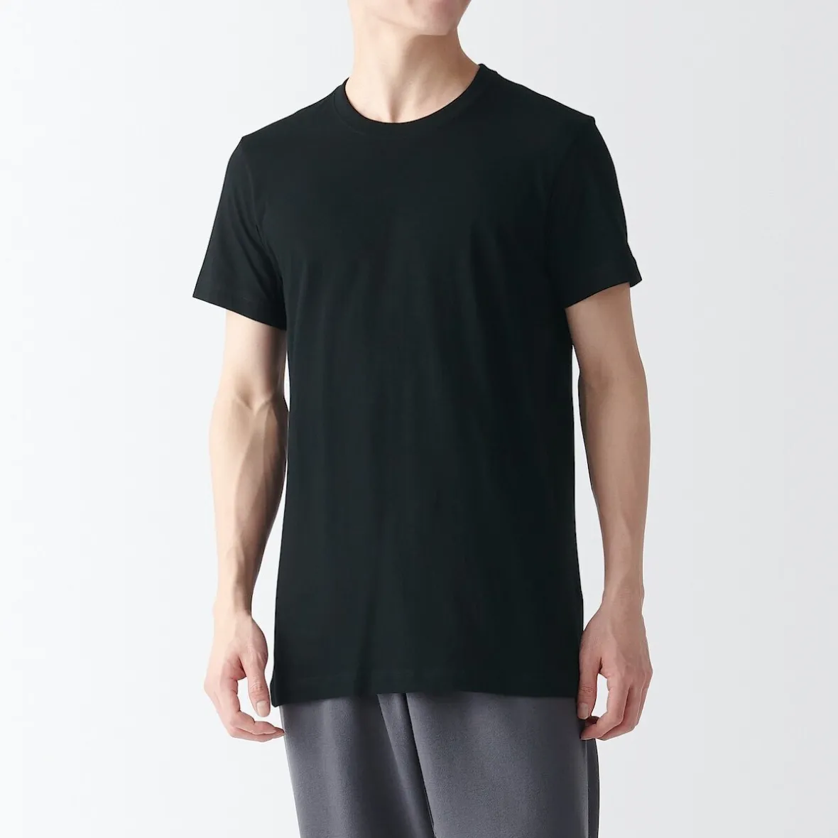 Muji Pack de 2 camisetas de algodón con cuello redondo sin costuras laterales para hombre