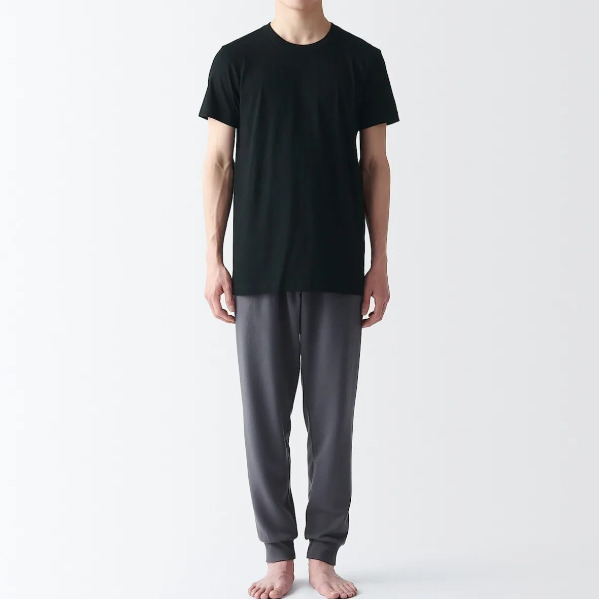 Muji Pack de 2 camisetas de algodón con cuello redondo sin costuras laterales para hombre