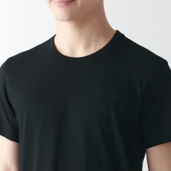Muji Pack de 2 camisetas de algodón con cuello redondo sin costuras laterales para hombre