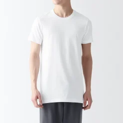 Muji Pack de 2 camisetas de algodón con cuello redondo sin costuras laterales para hombre