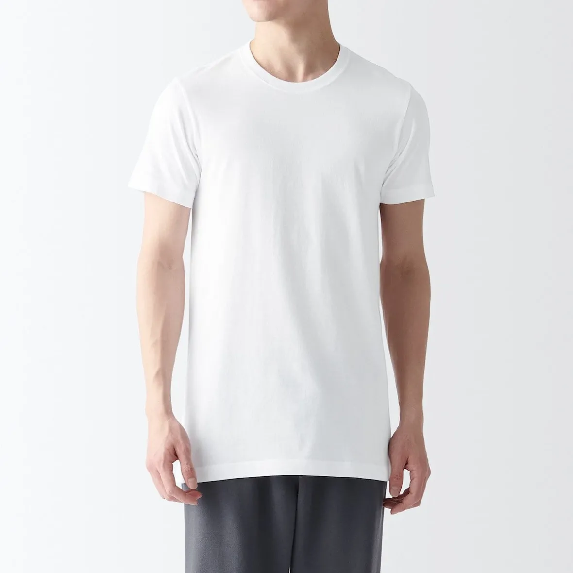 Muji Pack de 2 camisetas de algodón con cuello redondo sin costuras laterales para hombre
