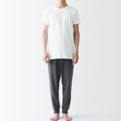 Muji Pack de 2 camisetas de algodón con cuello redondo sin costuras laterales para hombre