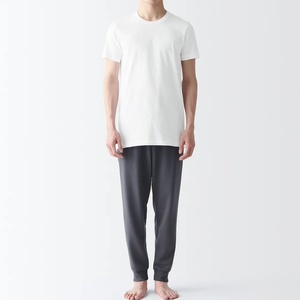 Muji Pack de 2 camisetas de algodón con cuello redondo sin costuras laterales para hombre