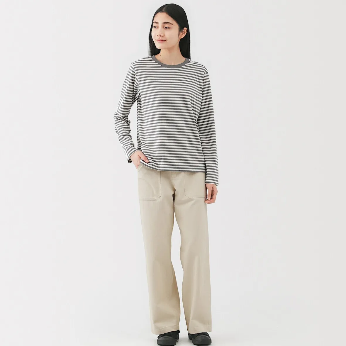 Outlet Muji Pantalón de algodón con patrón de espina de pez para mujer