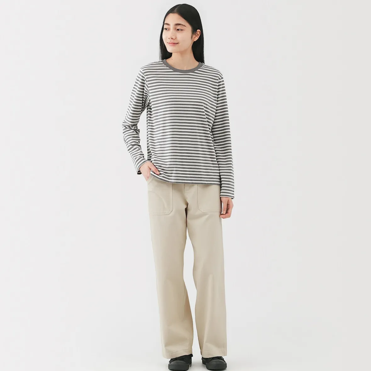Outlet Muji Pantalón de algodón con patrón de espina de pez para mujer