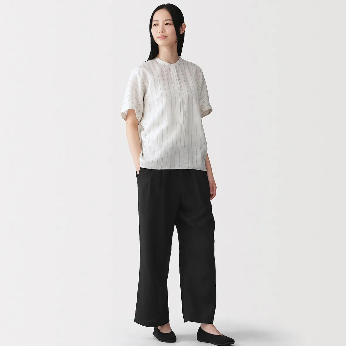 Online Muji Pantalones de lino lavado y pierna ancha para mujer