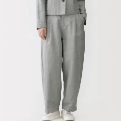 Sale Muji Pantalones plisados con patrón de espina de pez de mezcla de lino para mujer Gris