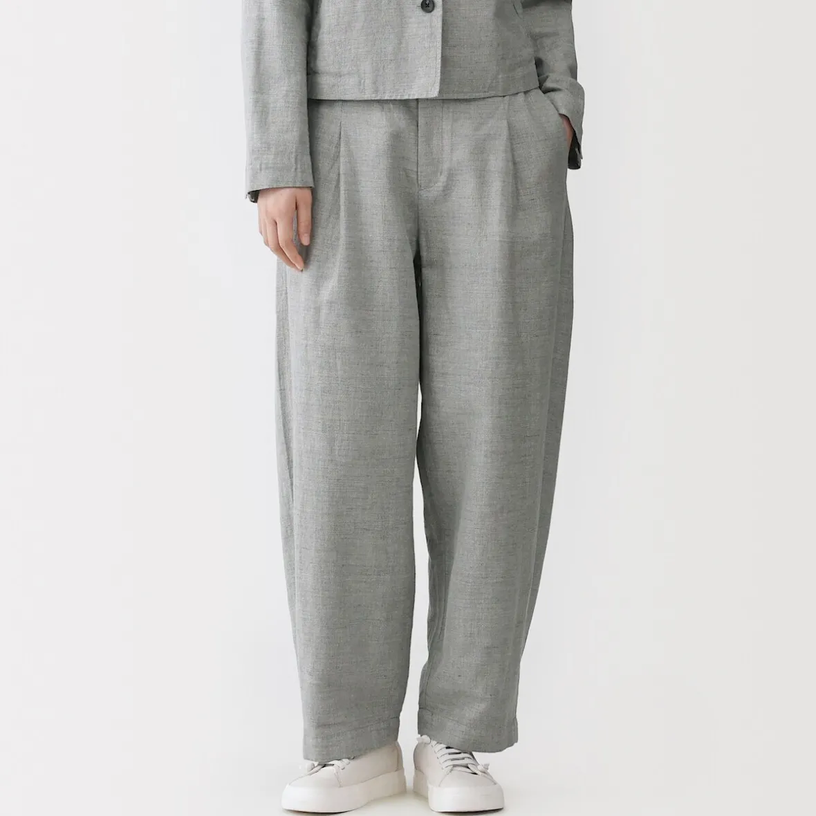 Sale Muji Pantalones plisados con patrón de espina de pez de mezcla de lino para mujer Gris