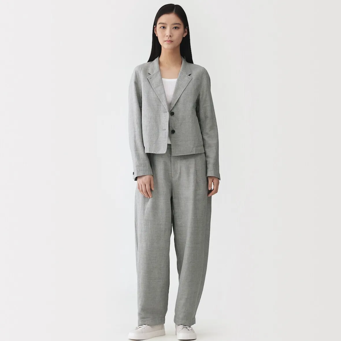 Sale Muji Pantalones plisados con patrón de espina de pez de mezcla de lino para mujer Gris