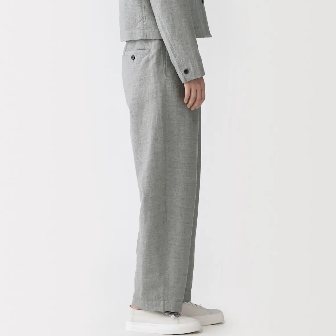 Sale Muji Pantalones plisados con patrón de espina de pez de mezcla de lino para mujer Gris