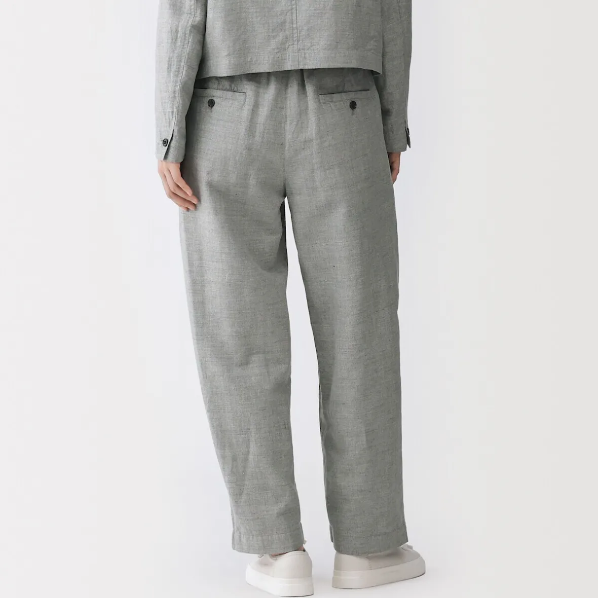 Sale Muji Pantalones plisados con patrón de espina de pez de mezcla de lino para mujer Gris