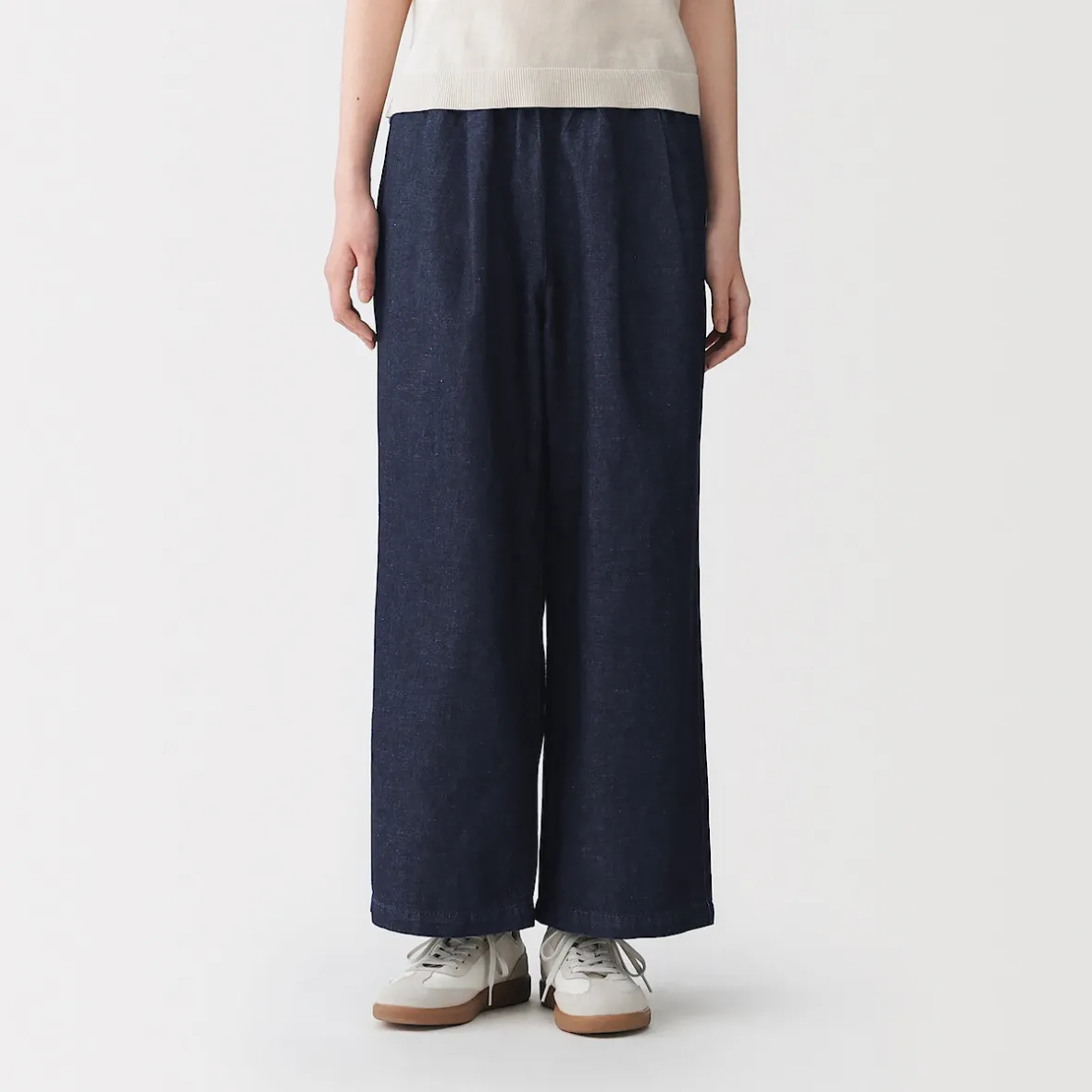 Sale Muji Pantalones vaqueros de pierna ancha y mezcla de lino para mujer Azul Marino Oscuro