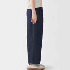 Sale Muji Pantalones vaqueros de pierna ancha y mezcla de lino para mujer Azul Marino Oscuro