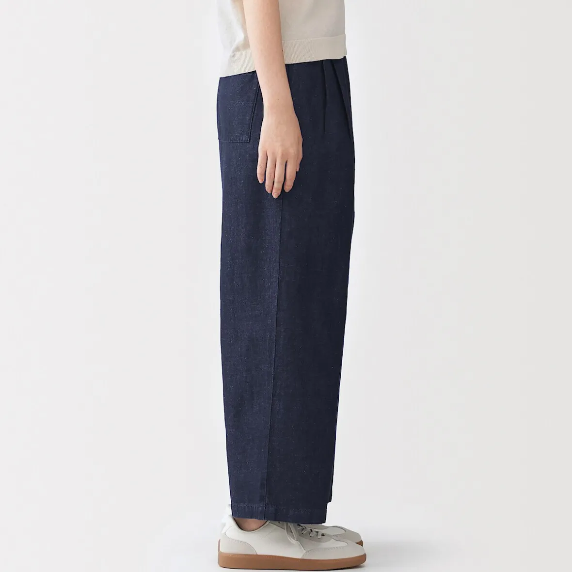 Sale Muji Pantalones vaqueros de pierna ancha y mezcla de lino para mujer Azul Marino Oscuro
