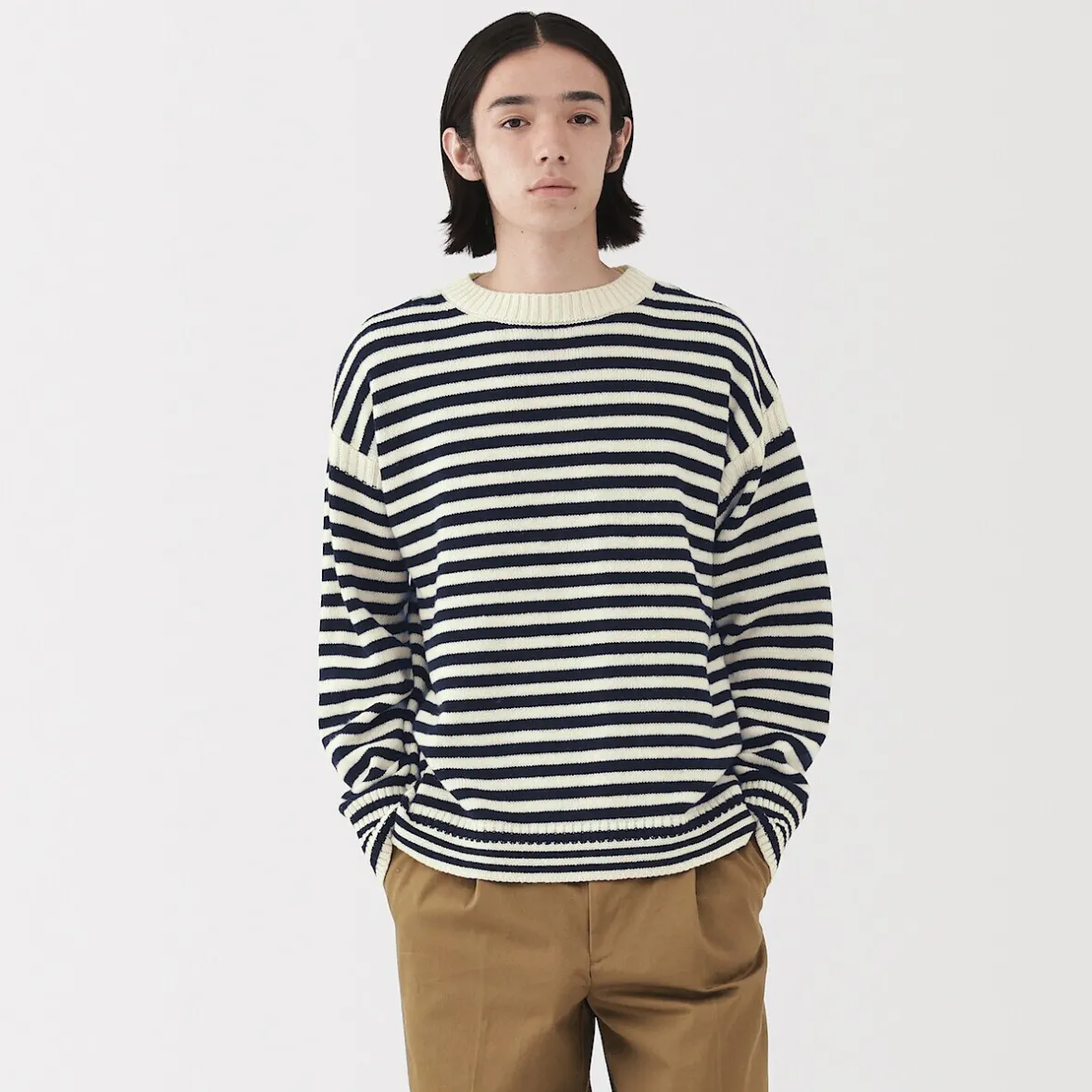 New Muji Suéter de lana andina de punto grueso con cuello redondo para hombre