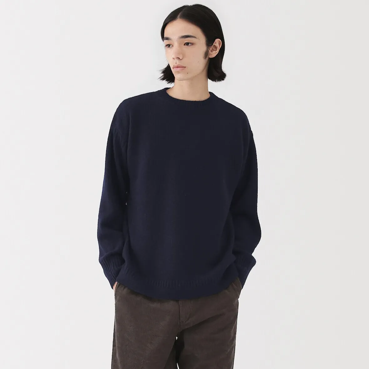 New Muji Suéter de lana andina de punto grueso con cuello redondo para hombre