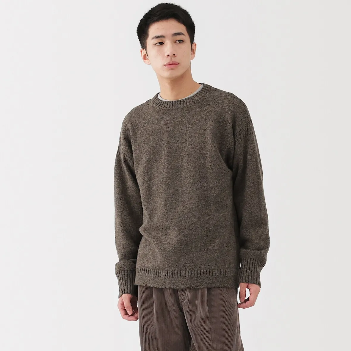 New Muji Suéter de lana andina de punto grueso con cuello redondo para hombre