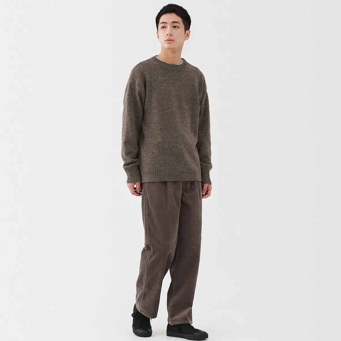 New Muji Suéter de lana andina de punto grueso con cuello redondo para hombre
