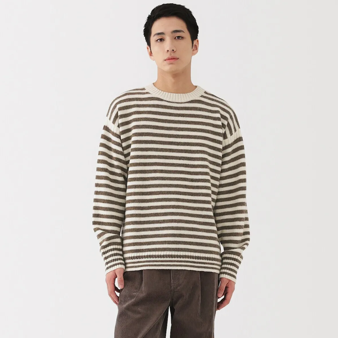 New Muji Suéter de lana andina de punto grueso con cuello redondo para hombre