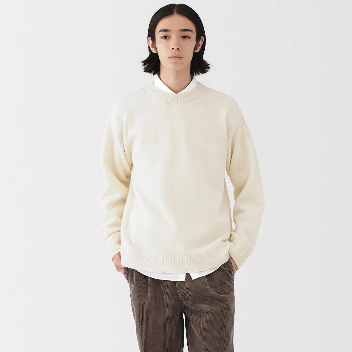 New Muji Suéter de lana andina de punto grueso con cuello redondo para hombre