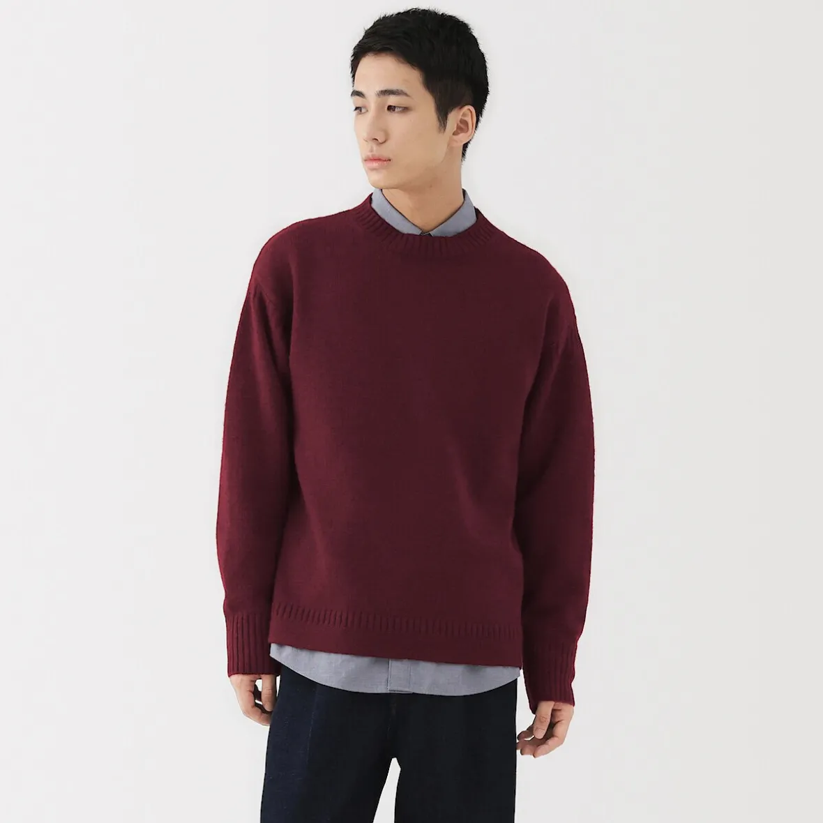 New Muji Suéter de lana andina de punto grueso con cuello redondo para hombre
