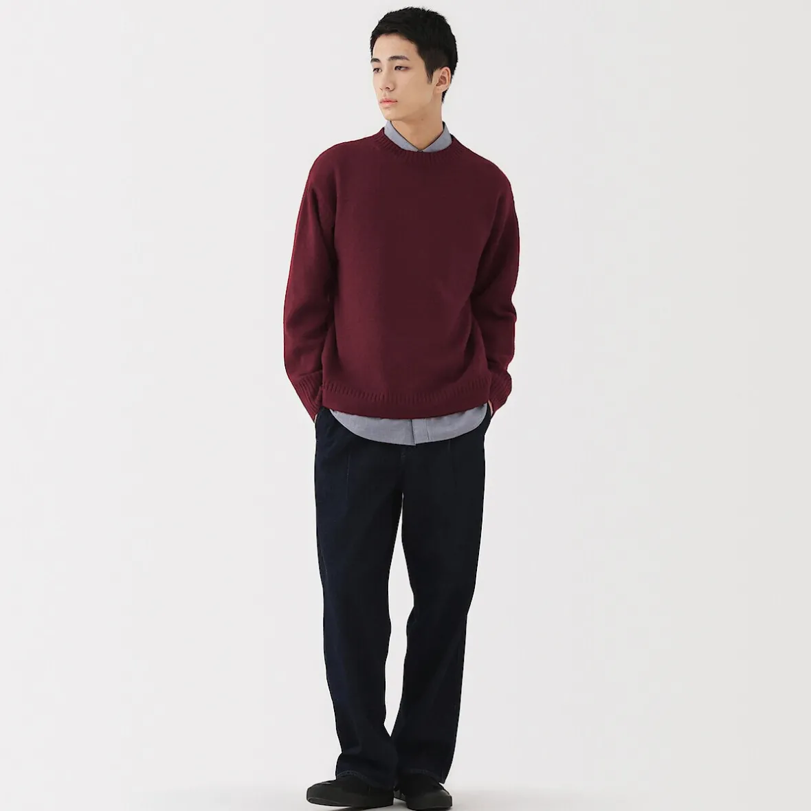 New Muji Suéter de lana andina de punto grueso con cuello redondo para hombre