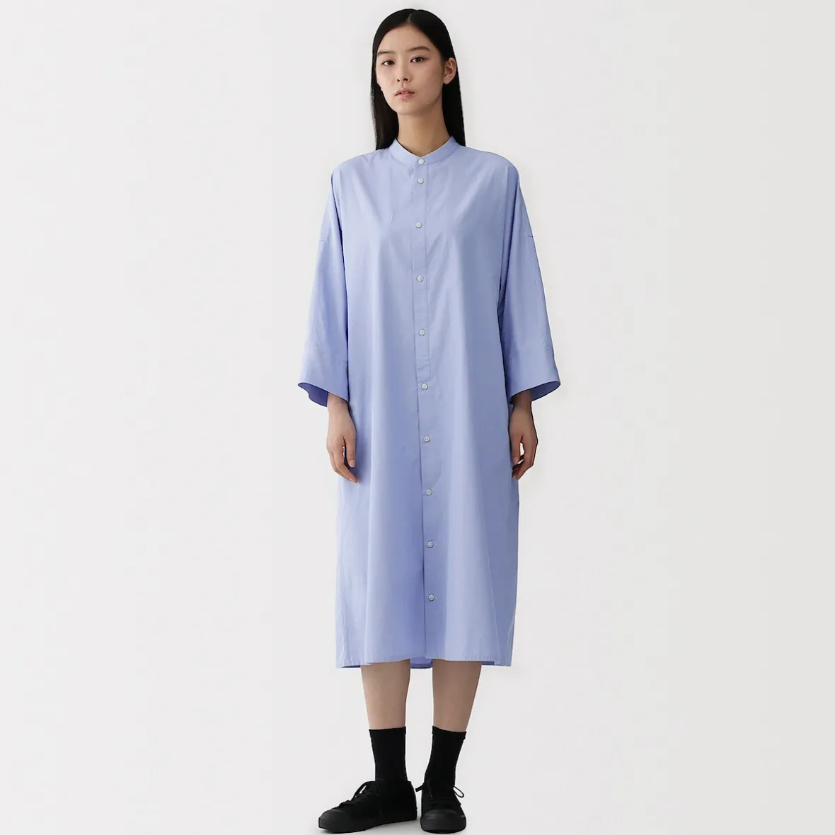 Hot Muji Vestido camisero con cuello mao de popelín de algodón orgánico para mujer