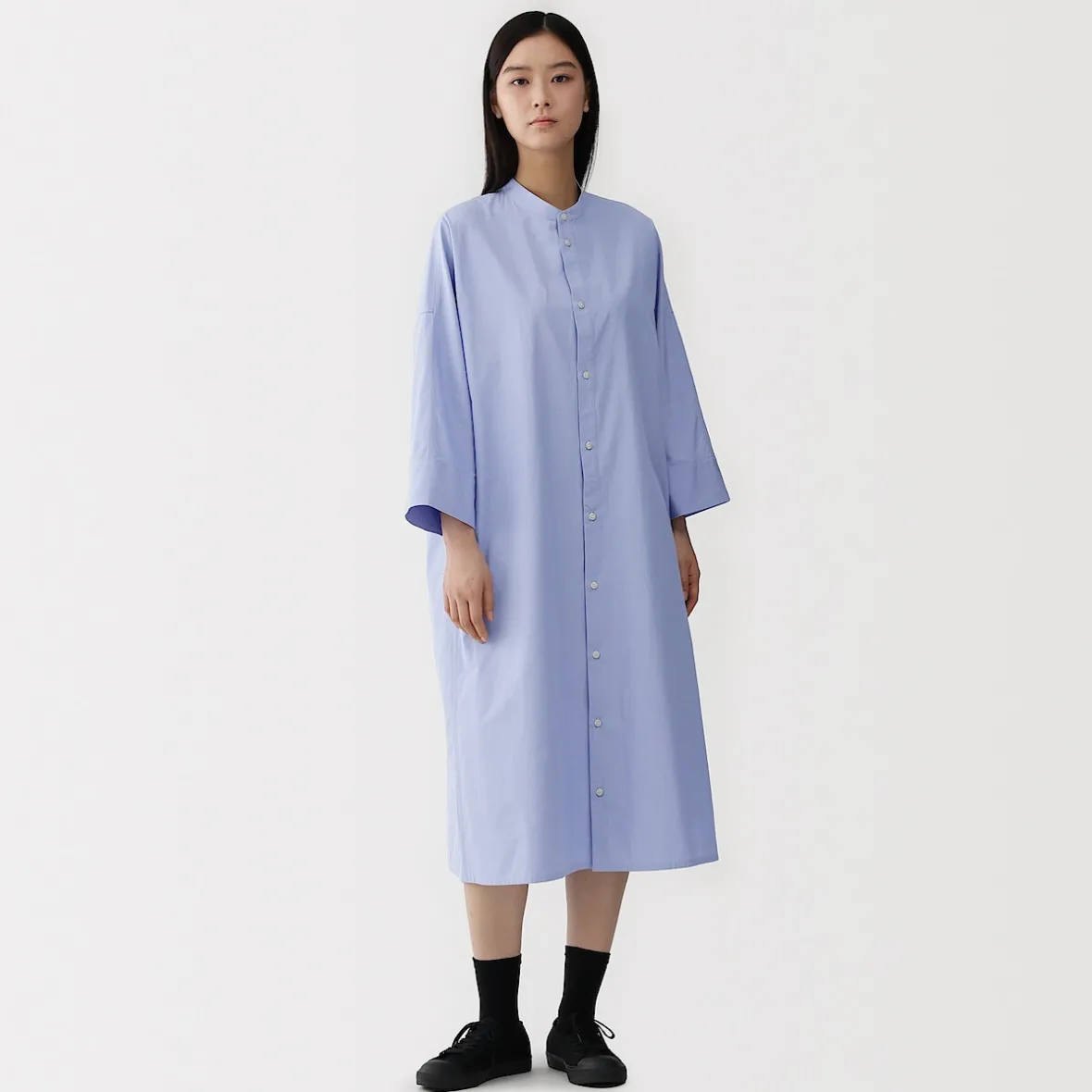 Hot Muji Vestido camisero con cuello mao de popelín de algodón orgánico para mujer
