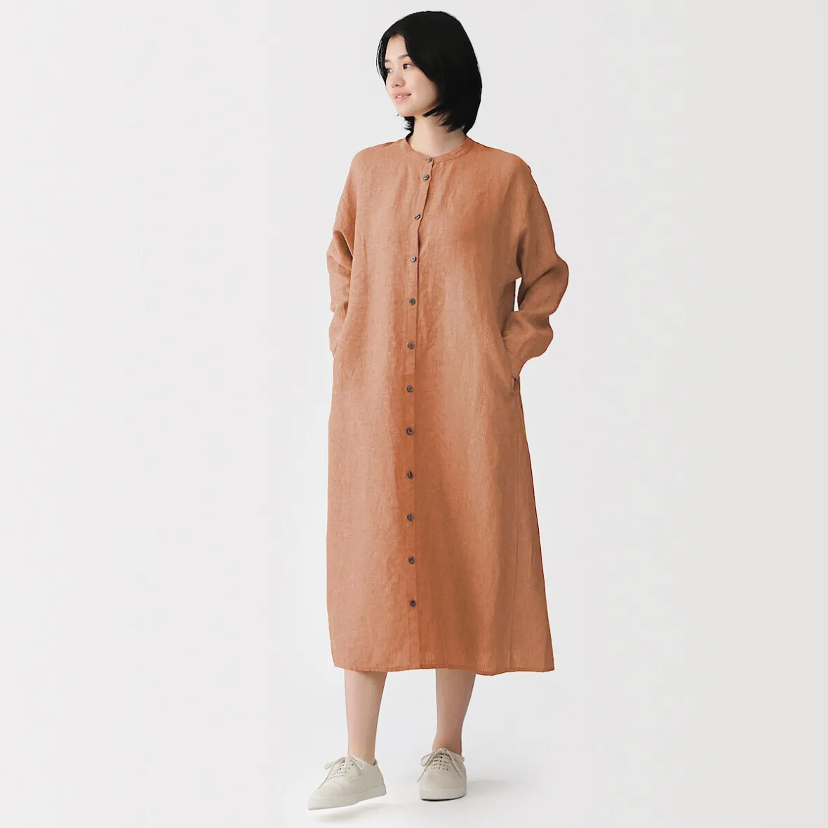 Clearance Muji Vestido camisero de cuello alto de lino lavado para mujer